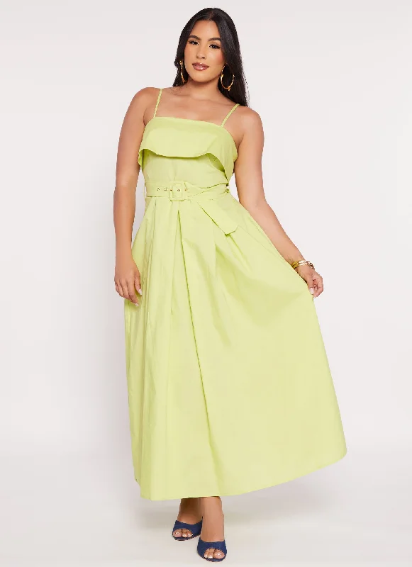 Haute Monde Poplin Belted Square Neck Maxi Dress