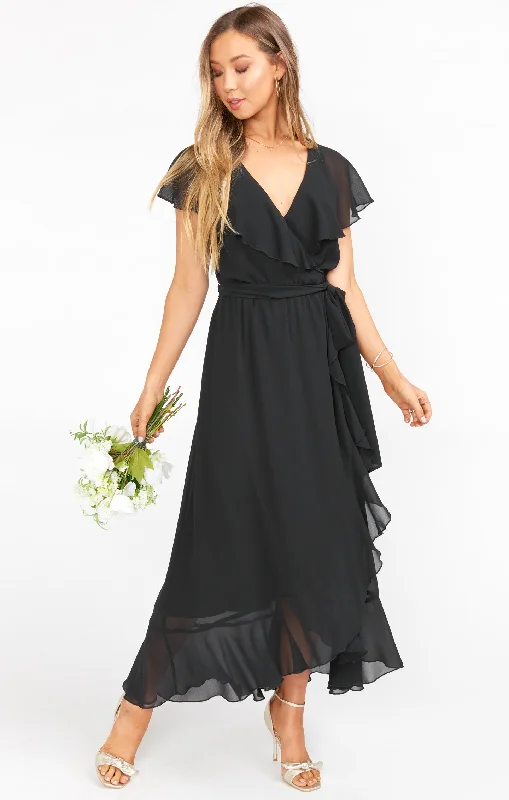 Maxi dresses with thin spaghetti straps for a delicate and feminine feelJess Ruffle Midi Dress ~ Black Chiffon Maxi dresses with thin spaghetti straps for a delicate and feminine feelJess Ruffle Midi Dress ~ Black Chiffon