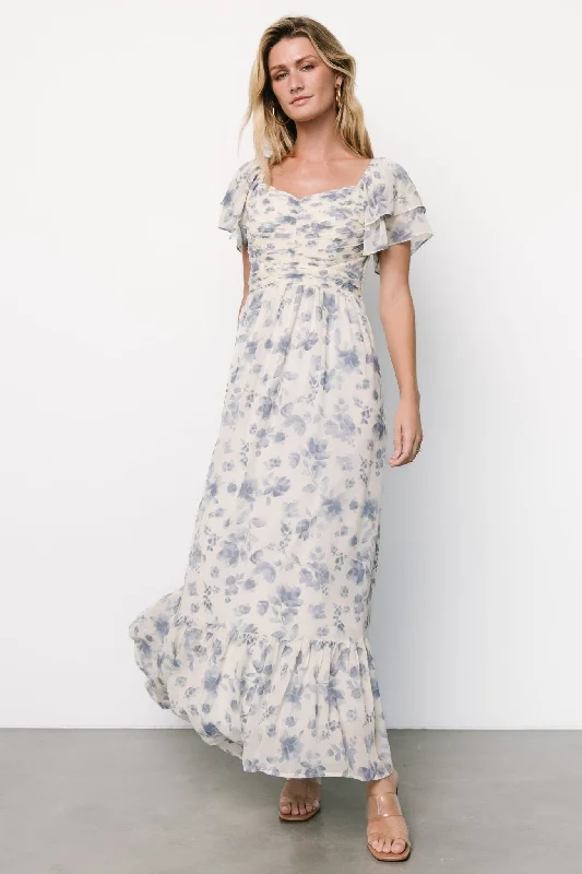 Maxi dresses with cold - shoulder cutouts for a trendy lookJuliana Pleated Top Dress | Ivory + Blue Floral Maxi dresses with cold - shoulder cutouts for a trendy lookJuliana Pleated Top Dress | Ivory + Blue Floral