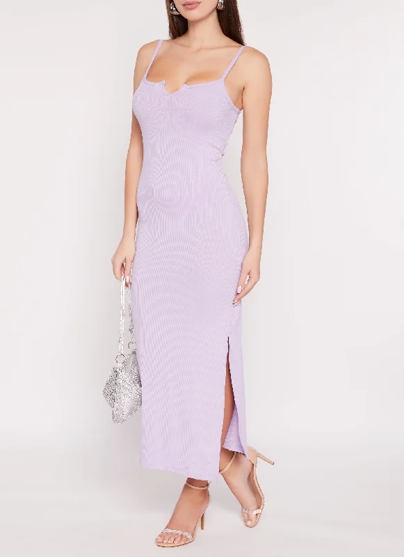 Ribbed Notch Neck Side Slit Maxi Dress