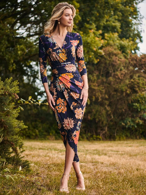 Animal print maxi dresses for a statement - making outfitLong Sleeve Wrap Front Bodycon Dress, Navy Orange Floral