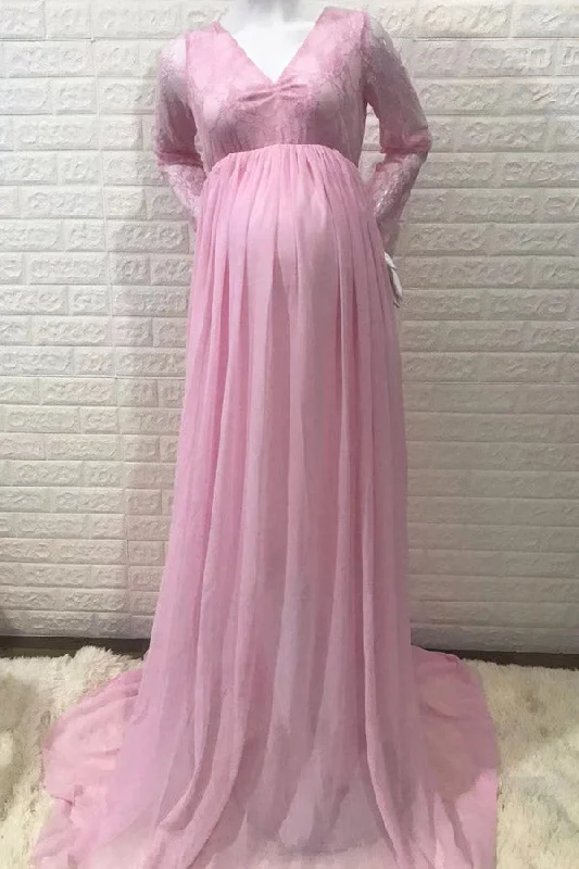 Maxi dresses with fringe trim for a bohemian vibeLong-Sleeved Lace V-Neck Maternity Photoshoot Long Dress Maxi dresses with fringe trim for a bohemian vibeLong-Sleeved Lace V-Neck Maternity Photoshoot Long Dress