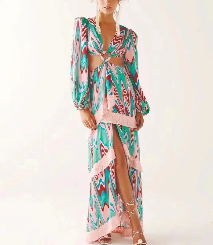 Maxi dresses with a criss - cross back for a flirty and unique detailKittenAlarm - Marie Ring Linked Fluid Pattern Layered Tassel Dress Maxi dresses with a criss - cross back for a flirty and unique detailKittenAlarm - Marie Ring Linked Fluid Pattern Layered Tassel Dress