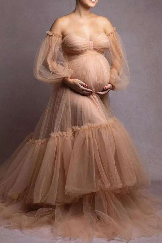Maxi dresses with a ruched bodice for a more form - fitting and feminine shapeNude Soft Tulle Strapless Maternity Photoshoot Gown Maxi dresses with a ruched bodice for a more form - fitting and feminine shapeNude Soft Tulle Strapless Maternity Photoshoot Gown