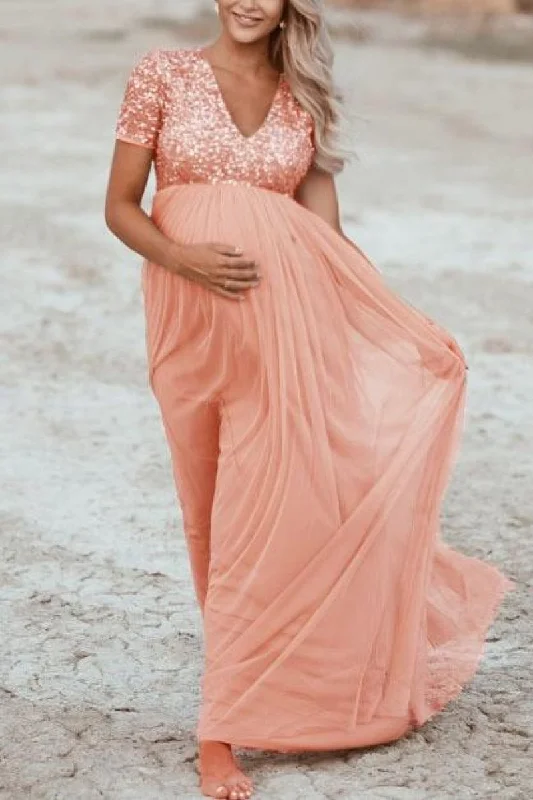 Maxi dresses with geometric prints for a contemporary aestheticPink Sequined Short Sleeves Sparkly Maternity Maxi Dress Maxi dresses with geometric prints for a contemporary aestheticPink Sequined Short Sleeves Sparkly Maternity Maxi Dress