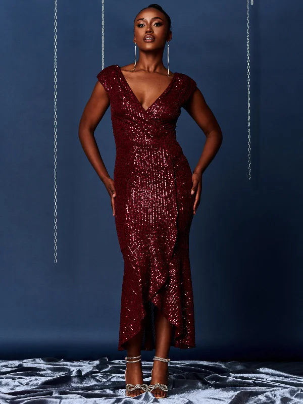 Maxi dresses with bow accents at the waist for a sweet appearanceSequin Wrap Fishtail Maxi Dress, Burgundy Maxi dresses with bow accents at the waist for a sweet appearanceSequin Wrap Fishtail Maxi Dress, Burgundy