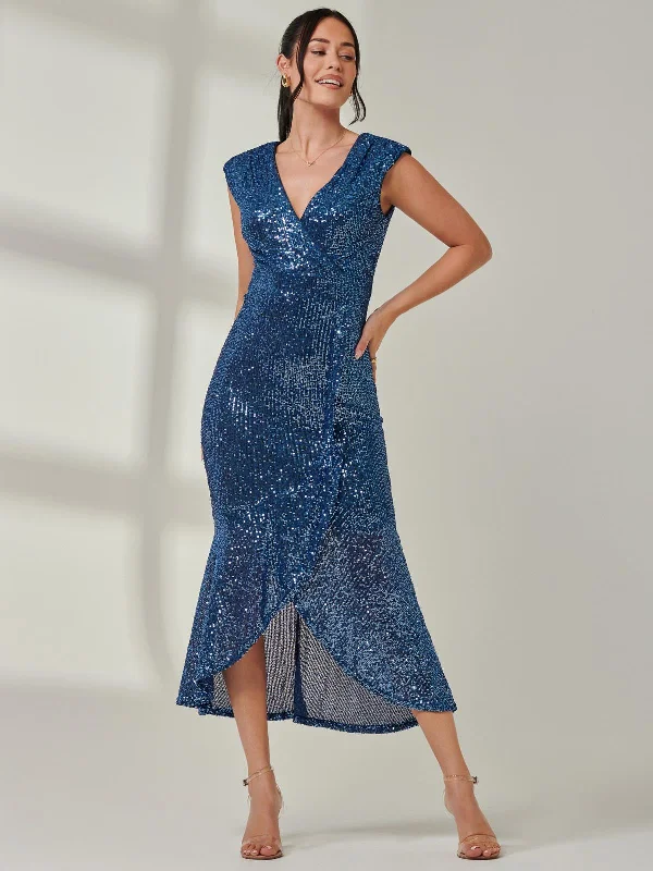 Maxi dresses with side slits for a touch of allureSequin Wrap Fishtail Maxi Dress, Navy Maxi dresses with side slits for a touch of allureSequin Wrap Fishtail Maxi Dress, Navy