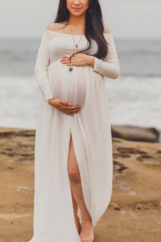 Maxi dresses with balloon sleeves for a vintage - inspired styleSexy Off-the-shoulder High Slit Maternity Photoshoot Gown Maxi dresses with balloon sleeves for a vintage - inspired styleSexy Off-the-shoulder High Slit Maternity Photoshoot Gown