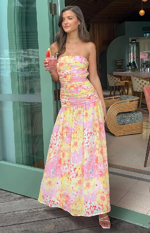 Maxi dresses with a cinched waist for a defined silhouetteSinclair Yellow Floral Print Strapless Maxi Dress Maxi dresses with a cinched waist for a defined silhouetteSinclair Yellow Floral Print Strapless Maxi Dress
