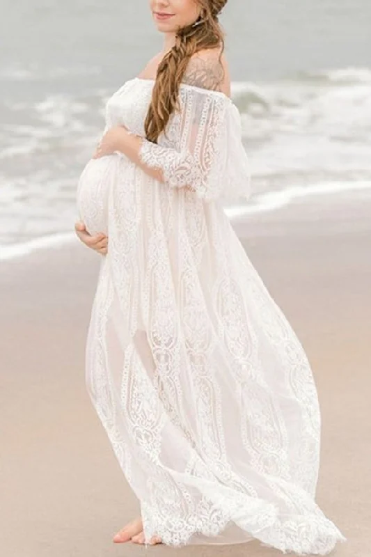 Maxi dresses with pocket details for added functionalityWhite Lace Off-the-shoulder Maternity Photoshoot Dress Maxi dresses with pocket details for added functionalityWhite Lace Off-the-shoulder Maternity Photoshoot Dress