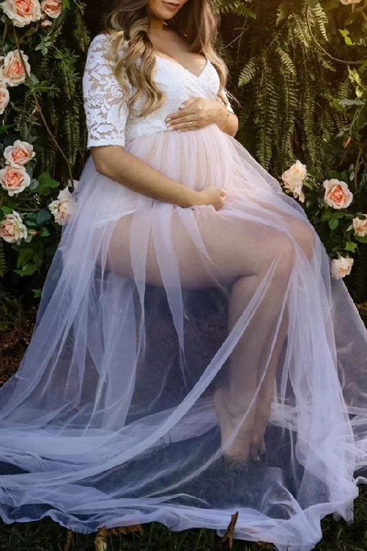 Ruffled maxi dresses with a tiered skirt for added volumeWhite Lace See-through Short Sleeves Maternity Photoshoot Dress Ruffled maxi dresses with a tiered skirt for added volumeWhite Lace See-through Short Sleeves Maternity Photoshoot Dress
