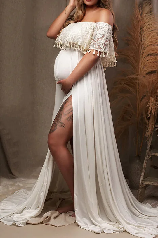 Maxi dresses with beaded embellishments for a fancy and luxurious eventWhite Off-the-shoulder High Slit Maternity Photoshoot Gown Maxi dresses with beaded embellishments for a fancy and luxurious eventWhite Off-the-shoulder High Slit Maternity Photoshoot Gown