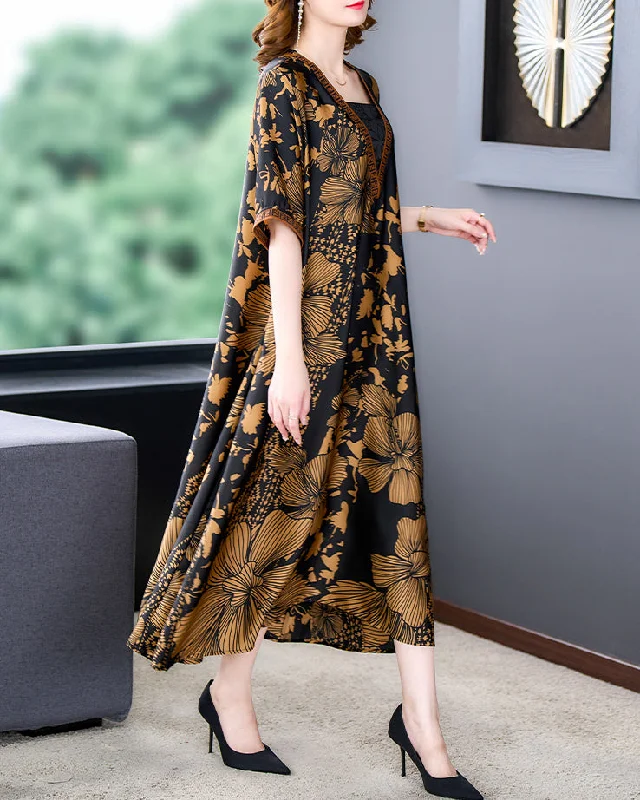 Maxi dresses with a wrap - around style for a customizable fitWomen's summer V-neck loose print fake two piece style dress Maxi dresses with a wrap - around style for a customizable fitWomen's summer V-neck loose print fake two piece style dress