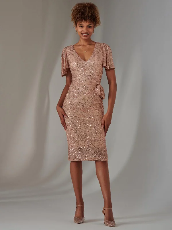 All Over Sequin Dress Midi Dress, Rose Gold