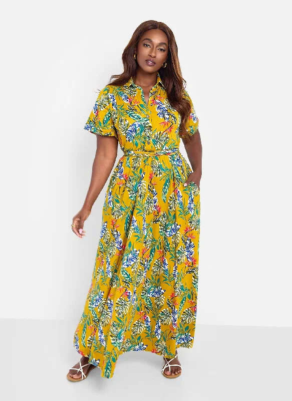 Maxi - inspired midi dresses with flowing fabrics for a beachy vibeAllow Me Floral Print Button Top Skater Maxi Dress - Mustard
