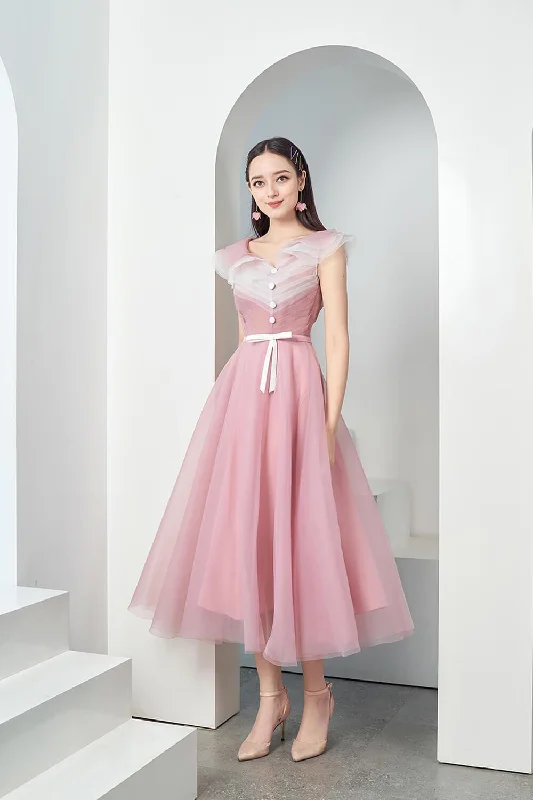 Midi dresses with button - down skirts for a unique and functional designBaskom Fit and Flare Ruffled Organza Midi Dress
