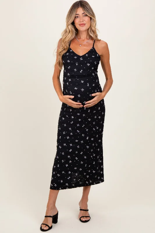 Midi dresses with lace - up fronts for a unique and adjustable styleBlack Bow Print Ruffle Detail Maternity Maxi Dress Midi dresses with lace - up fronts for a unique and adjustable styleBlack Bow Print Ruffle Detail Maternity Maxi Dress