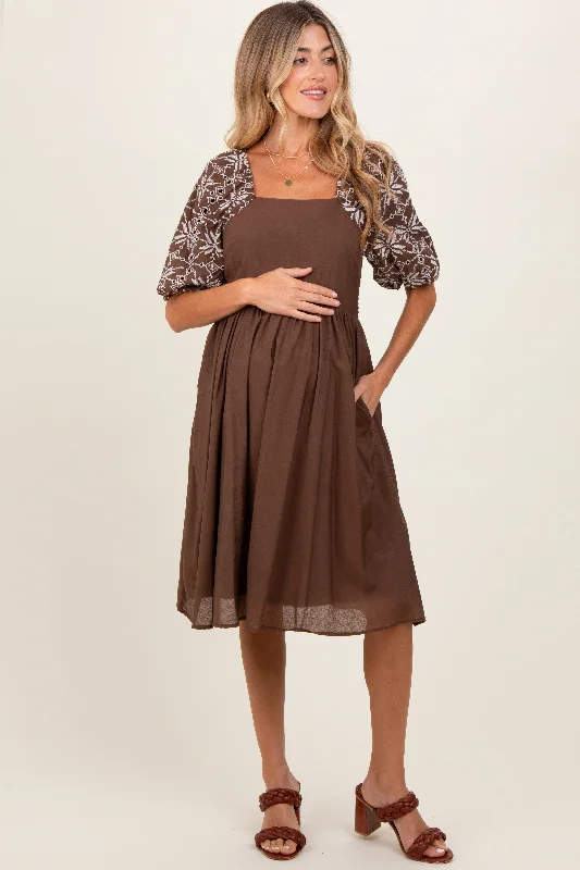 Maxi - inspired midi dresses with flowing fabrics for a beachy vibeBrown Embroidered Puff Short Sleeve Square Neck Maternity Dress Maxi - inspired midi dresses with flowing fabrics for a beachy vibeBrown Embroidered Puff Short Sleeve Square Neck Maternity Dress