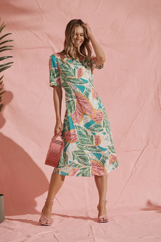 Midi dresses with off - the - shoulder necklines for a flirty lookChambery Midi Dress In Green Multi Leaf Print Midi dresses with off - the - shoulder necklines for a flirty lookChambery Midi Dress In Green Multi Leaf Print