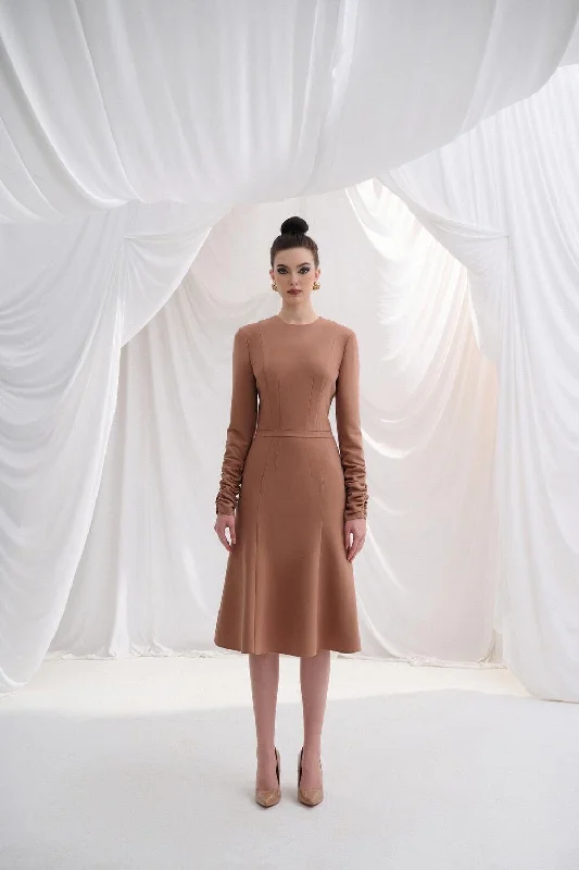 Wrap - style midi dresses in silk for a sophisticated office lookCresila Fit and Flare Round Neck Twill Midi Dress Wrap - style midi dresses in silk for a sophisticated office lookCresila Fit and Flare Round Neck Twill Midi Dress