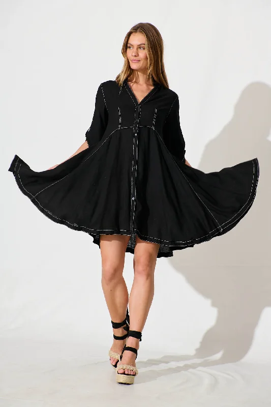 Midi dresses with mesh inserts for a trendy and breathable optionCyrene Dress in Black Linen Blend Midi dresses with mesh inserts for a trendy and breathable optionCyrene Dress in Black Linen Blend