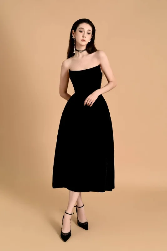 Dobbin Strapless Straight Across Neck Velvet Midi Dress