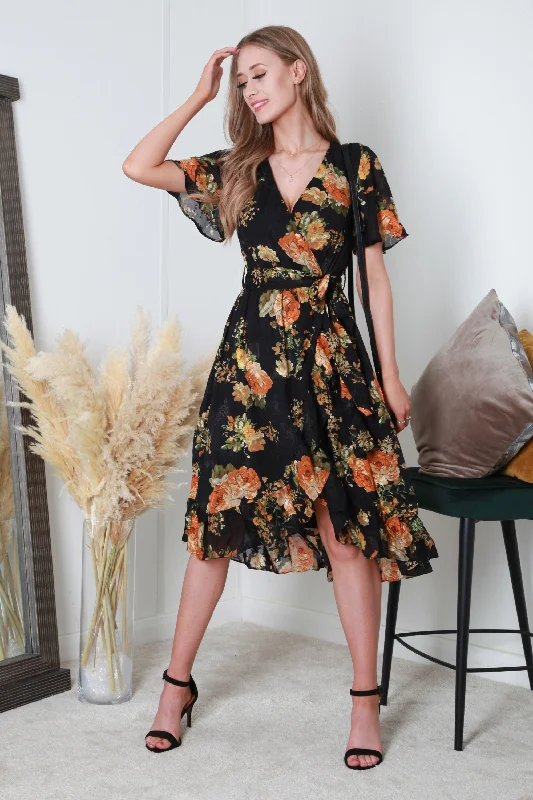 Double Second Black Orange Printed Dobby Midi Wrap Dress