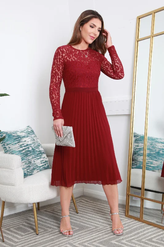 Midi dresses with pleated bodices for a classic and tailored lookDouble Second Red Long Sleeve Lace Pleated Dress Midi dresses with pleated bodices for a classic and tailored lookDouble Second Red Long Sleeve Lace Pleated Dress
