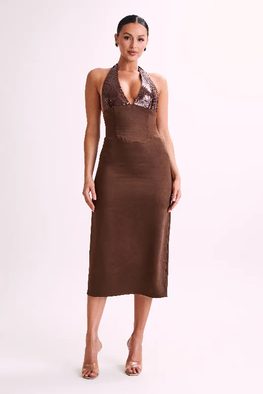 Midi dresses with metallic threads for a glamorous evening eventEbony Satin Midi Dress With Sequins - Chocolate Midi dresses with metallic threads for a glamorous evening eventEbony Satin Midi Dress With Sequins - Chocolate