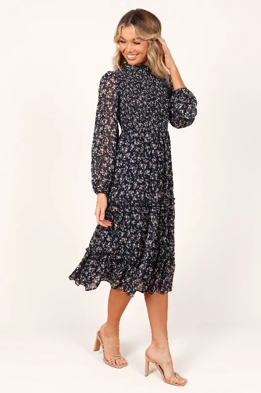 Midi dresses with keyhole backs for a flirty and unexpected detailEdwina Shirred Frill Long Sleeve Midi Dress - Navy Floral Midi dresses with keyhole backs for a flirty and unexpected detailEdwina Shirred Frill Long Sleeve Midi Dress - Navy Floral
