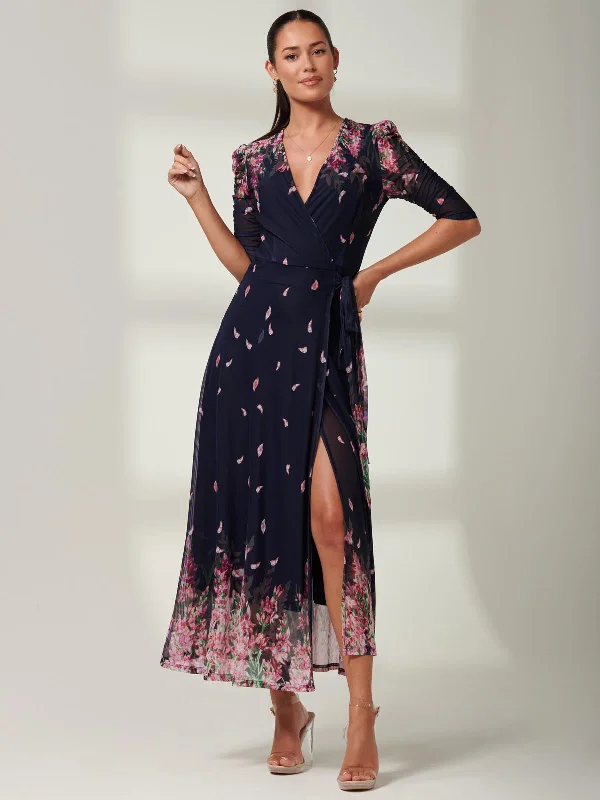 Elkana Mirrored Floral Mesh Maxi Dress, Navy Multi