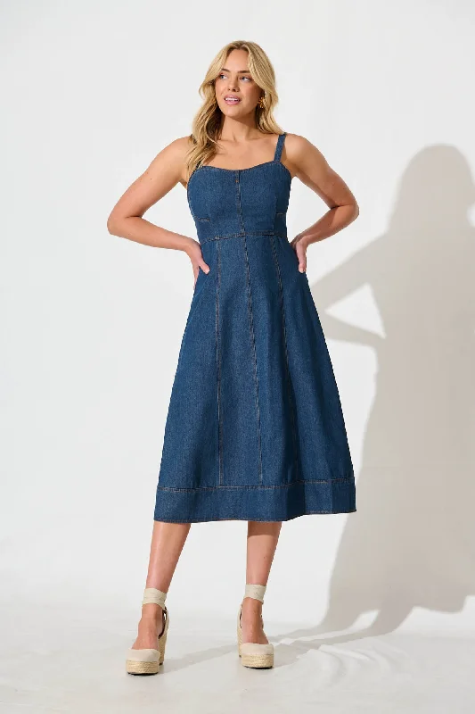 Midi dresses with cold - shoulder cutouts for a trendy styleFelina Midi Sundress in Dark Blue Denim Midi dresses with cold - shoulder cutouts for a trendy styleFelina Midi Sundress in Dark Blue Denim