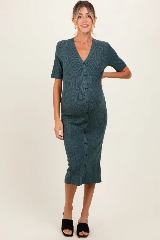 Midi dresses with puff sleeves for a vintage - inspired lookForest Green Button Down Maternity Sweater Midi Dress Midi dresses with puff sleeves for a vintage - inspired lookForest Green Button Down Maternity Sweater Midi Dress