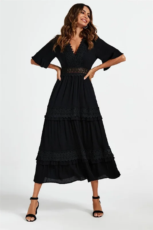 FS Collection V Neck Lace Detail Midi Dress In Black