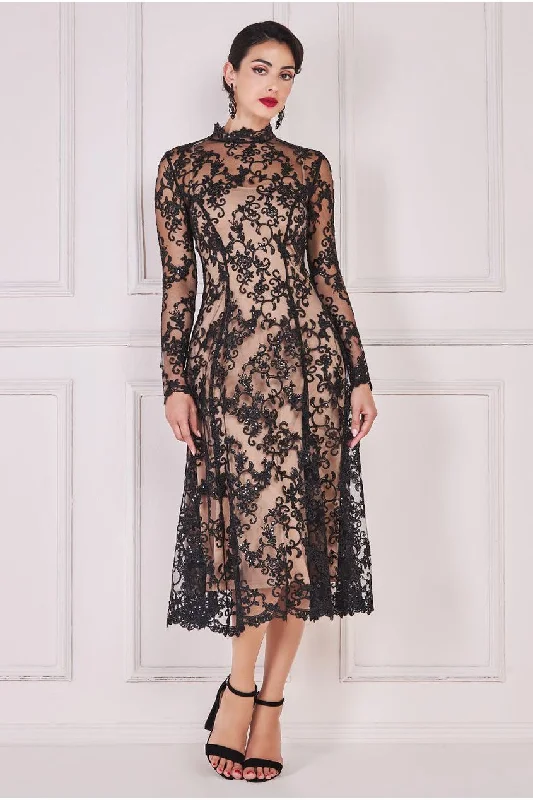 Midi dresses with empire waists for a flattering maternity optionGoddiva Lace Multiway Midi With Flared Skirt - Black Midi dresses with empire waists for a flattering maternity optionGoddiva Lace Multiway Midi With Flared Skirt - Black