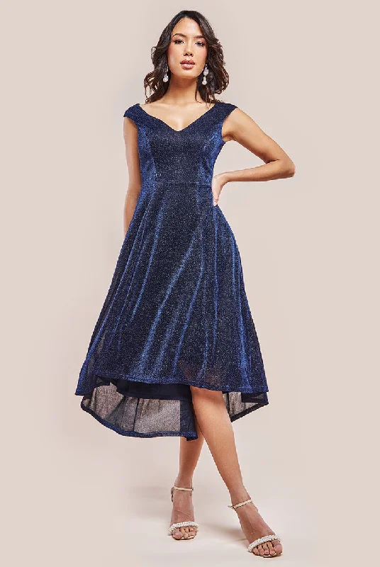 Maxi - inspired midi dresses with flowing fabrics for a beachy vibeGoddiva Off The Shoulder Lurex High Low Dress - Navy Maxi - inspired midi dresses with flowing fabrics for a beachy vibeGoddiva Off The Shoulder Lurex High Low Dress - Navy