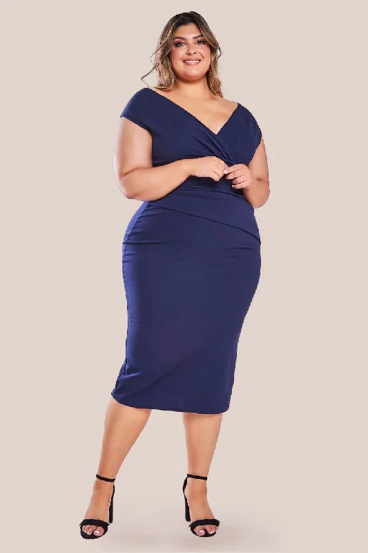 Midi dresses with tiered skirts for a bohemian festival lookGoddiva Plus Scuba Bardot Pleated Midi Dress - Navy Midi dresses with tiered skirts for a bohemian festival lookGoddiva Plus Scuba Bardot Pleated Midi Dress - Navy