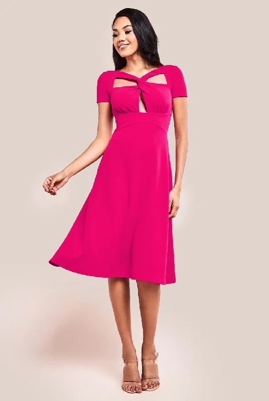 Midi dresses with ruffled hems for a romantic date nightGoddiva Scuba Crepe Twist Cutout Midi Dress - Hot Pink Midi dresses with ruffled hems for a romantic date nightGoddiva Scuba Crepe Twist Cutout Midi Dress - Hot Pink