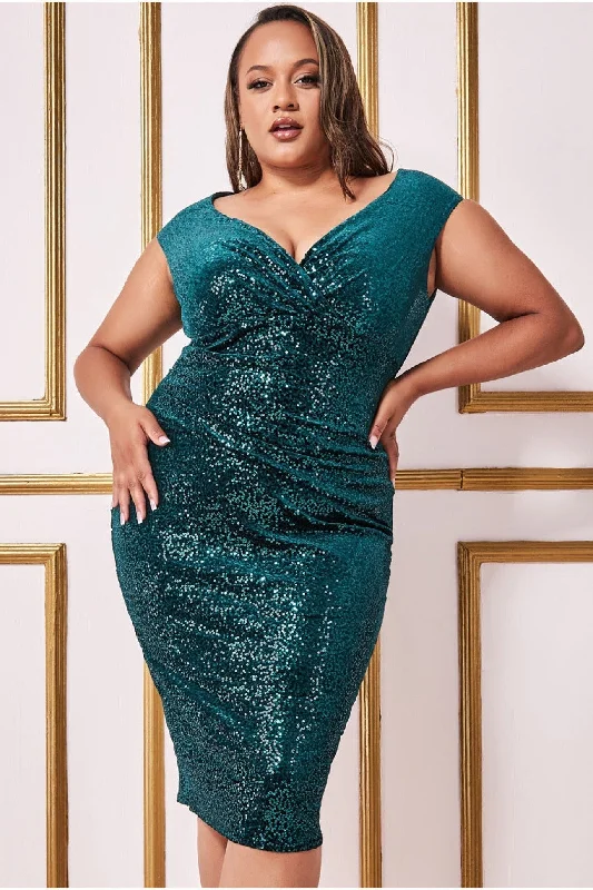 Midi dresses with patchwork patterns for a one - of - a - kind styleGoddiva Plus Sequin & Velvet Bardot Midi - Emerald Green Midi dresses with patchwork patterns for a one - of - a - kind styleGoddiva Plus Sequin & Velvet Bardot Midi - Emerald Green