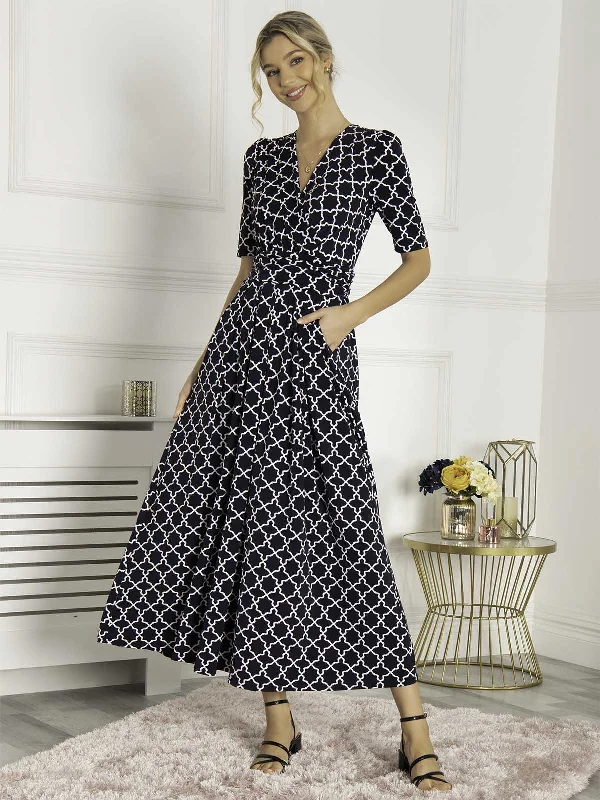 Midi dresses with lace - up fronts for a unique and adjustable styleJolie Moi Kiera Wrap Front Maxi Dress, Navy Geo Midi dresses with lace - up fronts for a unique and adjustable styleJolie Moi Kiera Wrap Front Maxi Dress, Navy Geo
