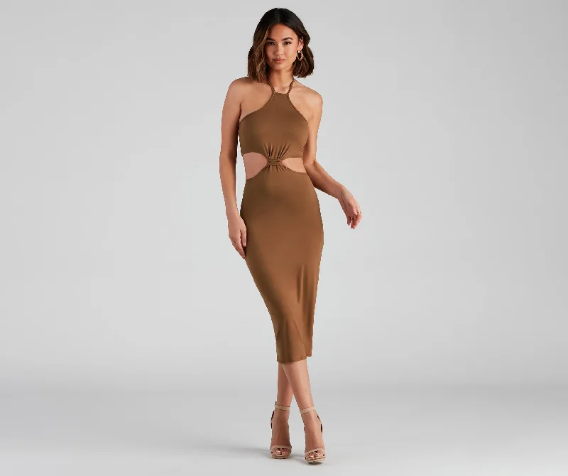 Midi dresses with denim fabric for a casual yet stylish day outKnott Love Halter Cutout Midi Dress Midi dresses with denim fabric for a casual yet stylish day outKnott Love Halter Cutout Midi Dress