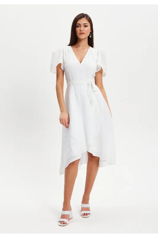 Midi dresses with empire waists for a flattering maternity optionLiquorish Checkered White Angel Sleeve Midi Wrap Dress In White Midi dresses with empire waists for a flattering maternity optionLiquorish Checkered White Angel Sleeve Midi Wrap Dress In White