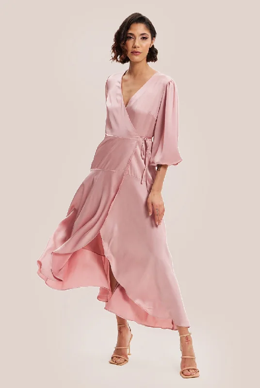 Midi dresses with button - down skirts for a unique and functional designLiquorish Pink Midi Wrap Dress With Short Puff Sleeves