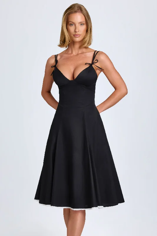Midi dresses with button - front designs for a classic touchBow-Detail Lace-Trim A-Line Midi Dress in Black Midi dresses with button - front designs for a classic touchBow-Detail Lace-Trim A-Line Midi Dress in Black