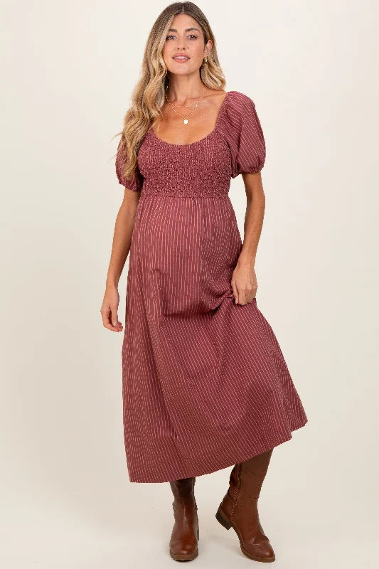 Midi dresses with ruffled bodices for a more pronounced feminine lookMauve Striped Popcorn Smocked Maternity Midi Dress Midi dresses with ruffled bodices for a more pronounced feminine lookMauve Striped Popcorn Smocked Maternity Midi Dress