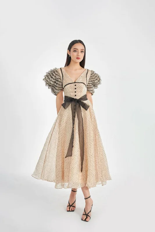 High - low midi dresses with geometric patterns for a modern partyMilcah A-line Collared Neck Organza Midi Dress