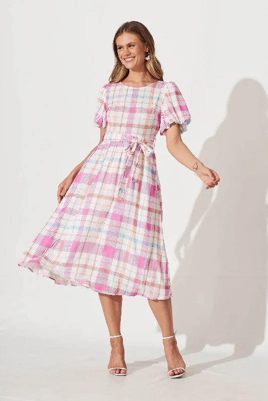 Wrap - style midi dresses in silk for a sophisticated office lookMiranda Midi Dress In Pink With Multi Check Wrap - style midi dresses in silk for a sophisticated office lookMiranda Midi Dress In Pink With Multi Check