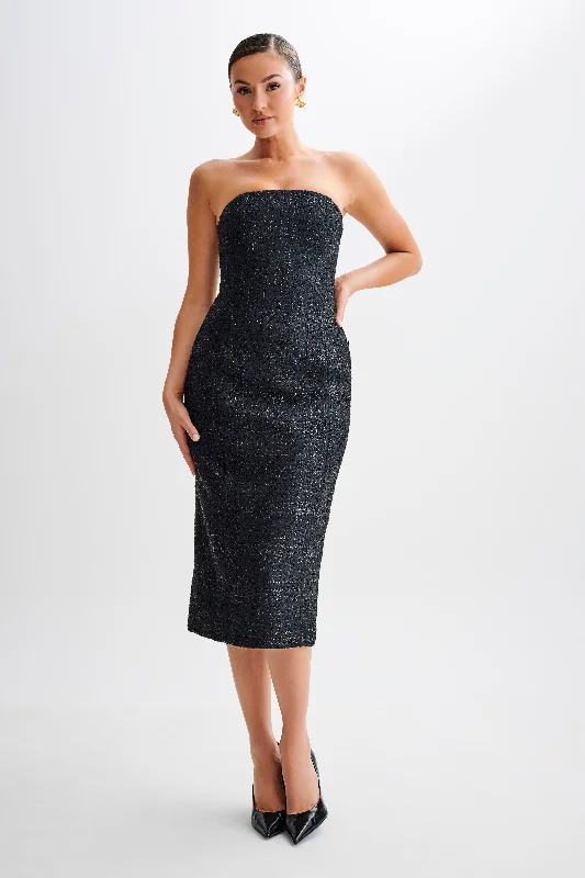 Midi dresses with pleated skirts for a timeless and elegant appealMonet Tweed Strapless Midi Dress - Black Midi dresses with pleated skirts for a timeless and elegant appealMonet Tweed Strapless Midi Dress - Black