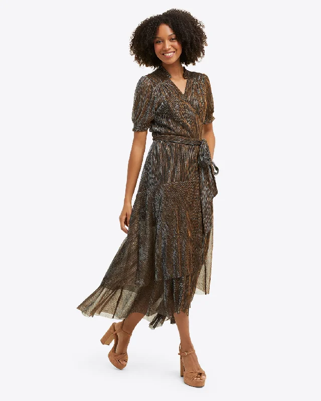Midi dresses with puff sleeves for a vintage - inspired lookNaomi Wrap Dress in Lurex Plissé Midi dresses with puff sleeves for a vintage - inspired lookNaomi Wrap Dress in Lurex Plissé