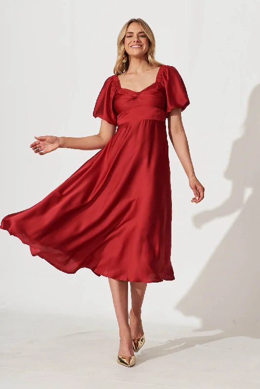 High - low midi dresses with geometric patterns for a modern partyNefertiti Midi Dress In Red Satin High - low midi dresses with geometric patterns for a modern partyNefertiti Midi Dress In Red Satin